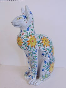 Large Italian ceramic cat with floral designs, cat is 26.75" tall, 16" deep, 14" wide, good