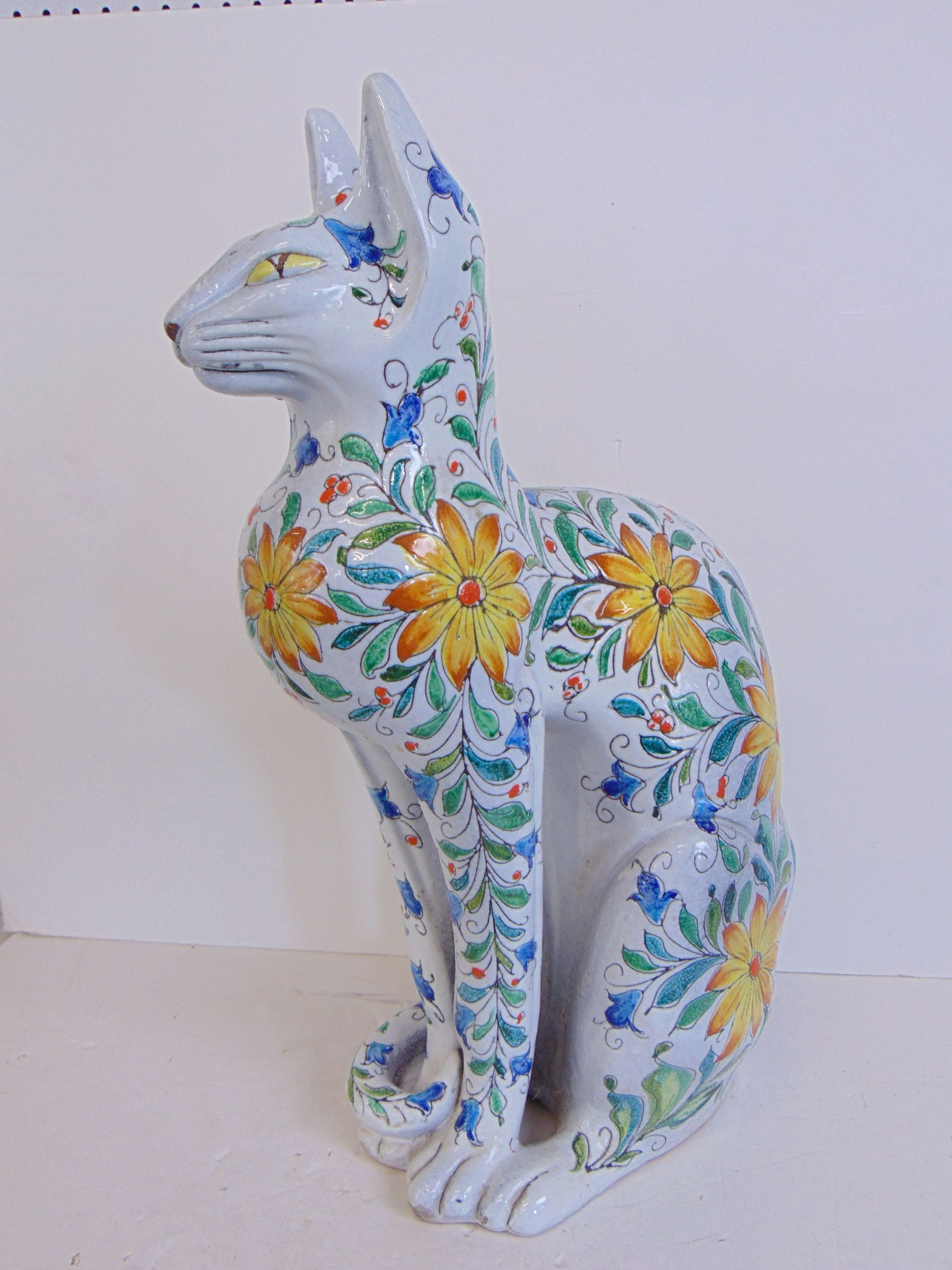 Large Italian ceramic cat with floral designs, cat is 26.75" tall, 16" deep, 14" wide, good (1 of 7)