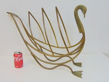 Brass swan form magazine holder, Maison Jansen style, mid-century French, 22.5" long, 7.25" wide,