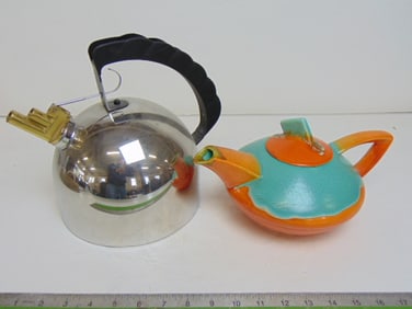 2 teapots, art deco chrome & ceramic, Alessi art deco kettle with black handle & brass whistle spout