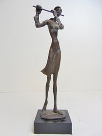 Brutalist figural bronze, flute player, unsigned, 12.25" tall, unsigned