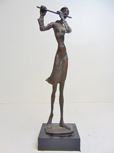 Brutalist figural bronze, flute player, unsigned, 12.25" tall, unsigned (1 of 4)