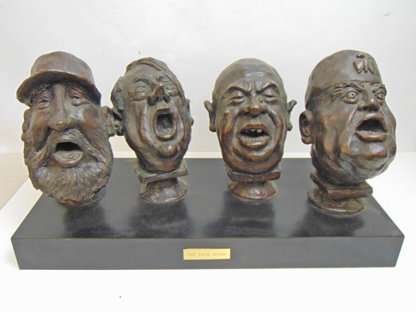 Rube Goldberg bronze, "The Four Winds", showing Adolf Hitler, Benito Mussolini, Fidel Castro &: Rube Goldberg bronze, "The Four Winds", showing Adolf Hitler, Benito Mussolini, Fidel Castro & Nikita Khrushchev, base is 24 5/8" by 11", height is 13", comes with book, "Rube Goldberg, His Life and W