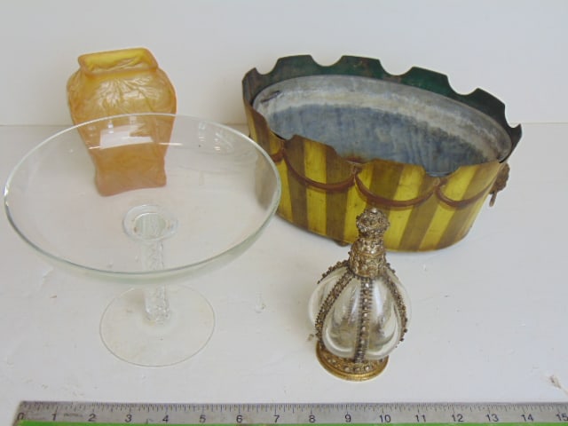 Air twist base compote, tole planter, Czech bottle and art deco glass vase, probably consolidated. (1 of 7)