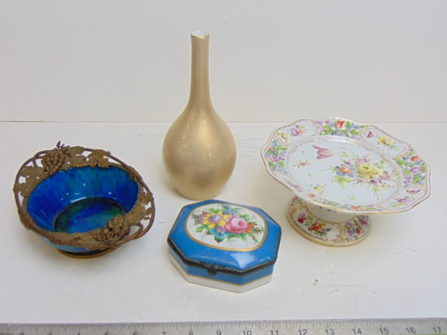 4 piece porcelain, ceramic lot, Sevres lidded box, bronze rimmed Sevres bowl, KPM vase with (1 of 12)