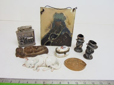Lot small items, figural candle holders, lighter, paperweight, small porcelain box, Nymphenburg cat,