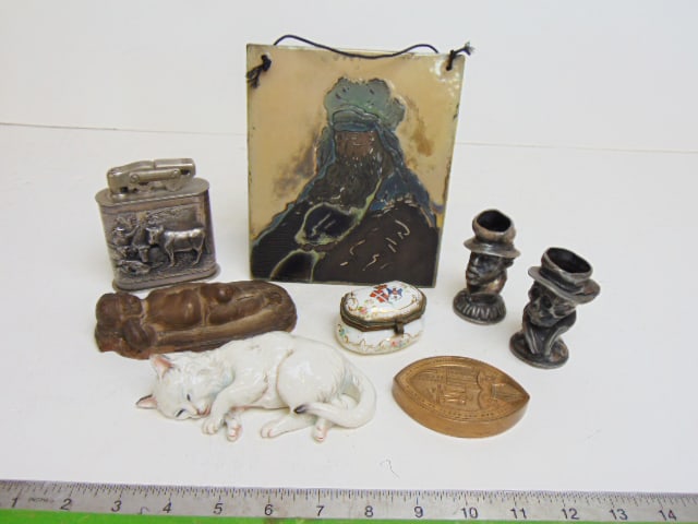 Lot small items, figural candle holders, lighter, paperweight, small porcelain box, Nymphenburg cat, (1 of 12)
