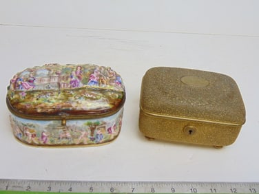 Gilt brass box & Capodimonte box, gilt brass box with textured lid is 5 5/8" by 4", height is
