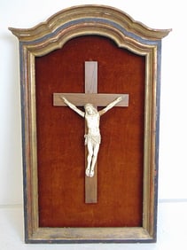 Carved crucifix in shrine like case, mounted on wood cross, total size is 17" wide, 29.25" tall,