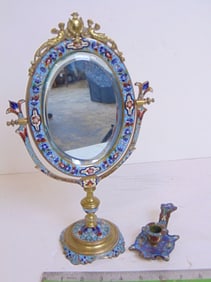 Cloisonne vanity mirror & small candle holder, mirror is 7 3/8" wide, 12 5/8" tall