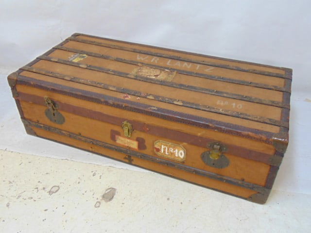 French brass mounted trunk, 45.25" long, 21" wide, 13" tall (1 of 4)