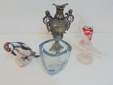 Art Glass vase, Copenhagen ceramic bird, frosted art glass bird & fancy silver plated vase with