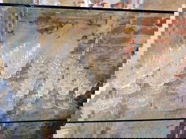 set cut glass stemware, 14 6" wine glasses, 8 3.5" cordials, 12 3.25" stems.