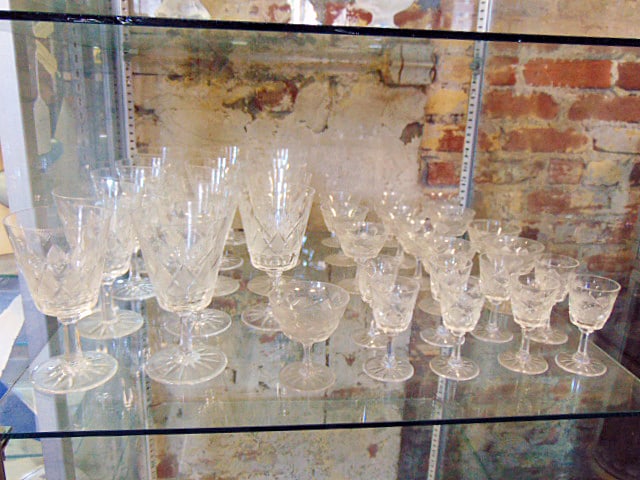 set cut glass stemware, 14 6" wine glasses, 8 3.5" cordials, 12 3.25" stems.: set cut glass stemware, 14 6" wine glasses, 8 3.5" cordials, 12 3.25" stems.
