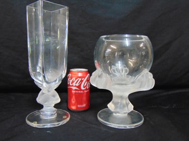 2 Lalique art glass vases, frosted bases, one round, one square, square vase is 11.25" tall, 4.25"