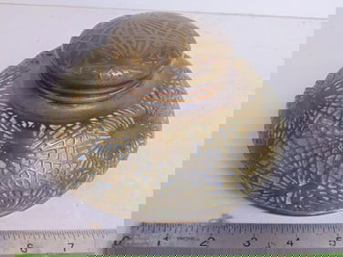 Tiffany Studios "Pine needle" inkwell, glass broken, dented, 6.75" in diameter, height is 4"