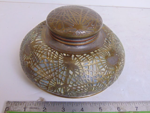 Tiffany Studios "Pine needle" inkwell, glass broken, dented, 6.75" in diameter, height is 4" (1 of 5)