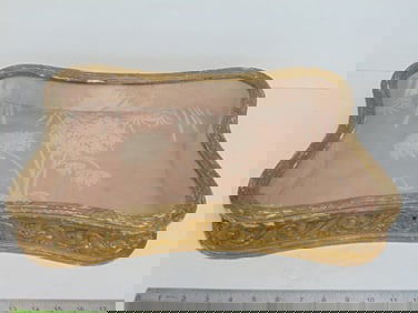 Fancy carved wood, satin lined French display case, carved detail on sides which curved inward, pink