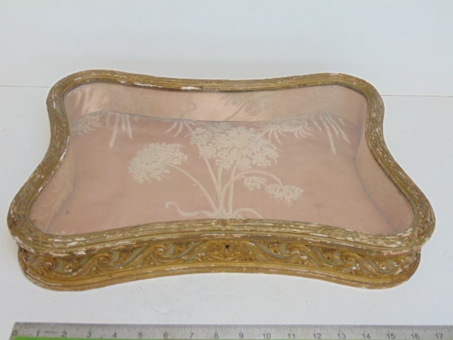 Fancy carved wood, satin lined French display case, carved detail on sides which curved inward, pink (1 of 5)