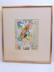 Painting, clown with guitar, signed Glen Paul, watercolor, 10" by 7.75", size including frame is