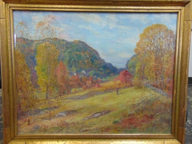 Painting, solitary figure in fall landscape with mountains, oil on canvas, unsigned, gilt frame, 33