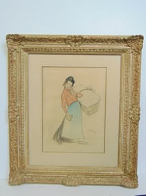 Drawing, woman with large basket, signed Steinlen (Theophile Alexandre), drawing in color, 23" by 20