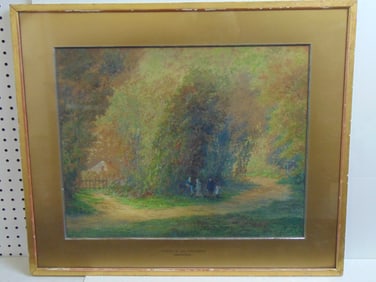 Painting, "Visite a la Nourrice", by Lebarbier, watercolor, figures on path in woods, 24.5" by