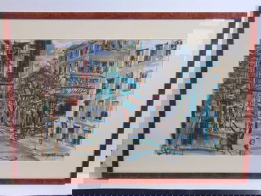 Painting, street scene with bars, signed Dong Kingman (Dong Moy Chu), watercolor, 21.25" by 29.75"
