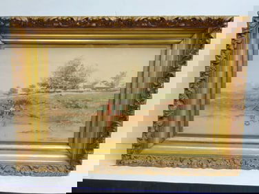 Painting, "a Fishing Party" signed F.F. English (Frank), watercolor on paper, gilt frame, 14" by