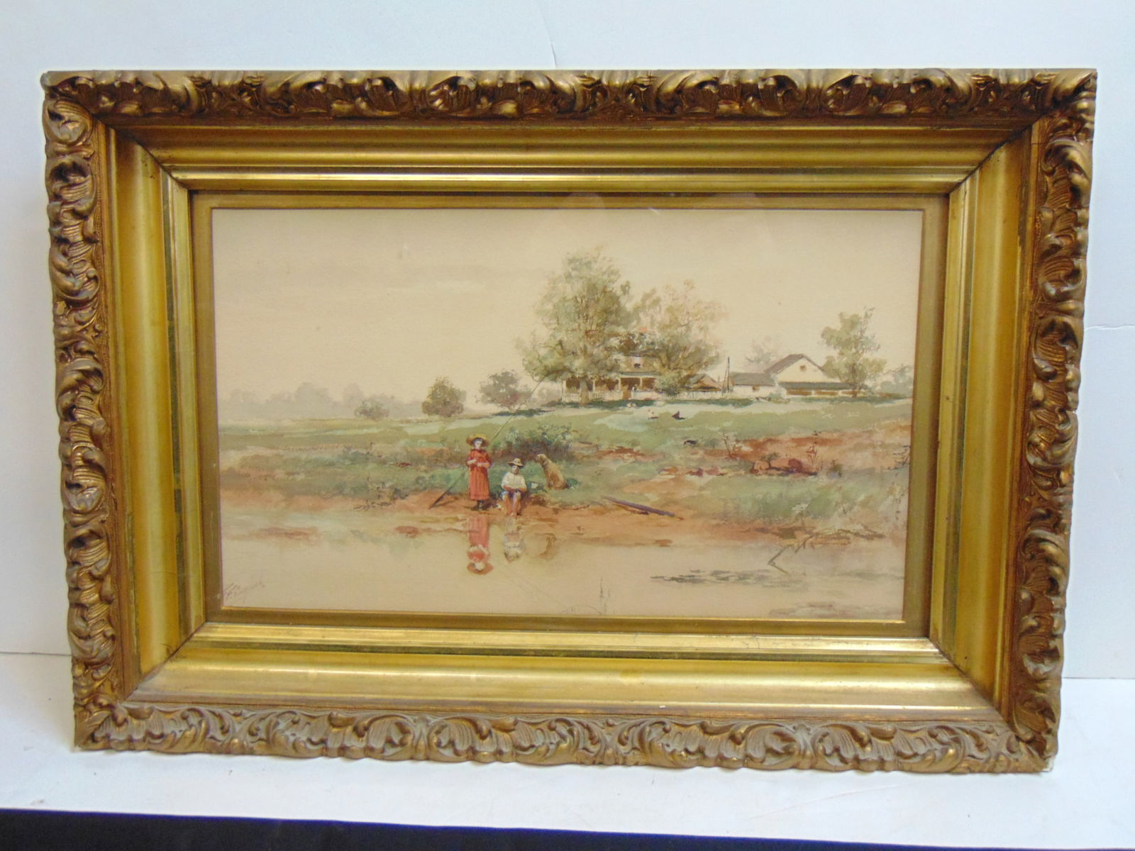 Painting, "a Fishing Party" signed F.F. English (Frank), watercolor on paper, gilt frame, 14" by (1 of 6)