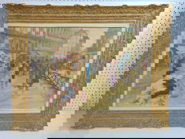 Painting, elegant lady in Paris setting, signed Andre Bauchant, oil on canvas, carved frame, 31" by