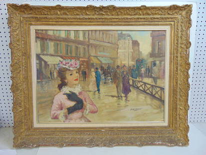Painting, elegant lady in Paris setting, signed Andre Bauchant, oil on canvas, carved frame, 31" by: Painting, elegant lady in Paris setting, signed Andre Bauchant, oil on canvas, carved frame, 31" by 39.25"
