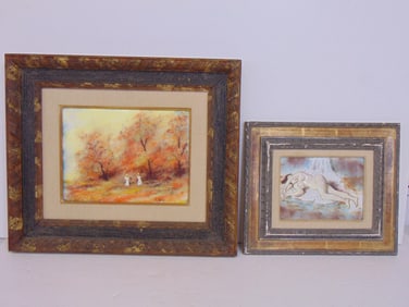 2 enamel on copper paintings by M. Karp (Max), sleeping nude, 12.25" by 14 3/8" & two figures in