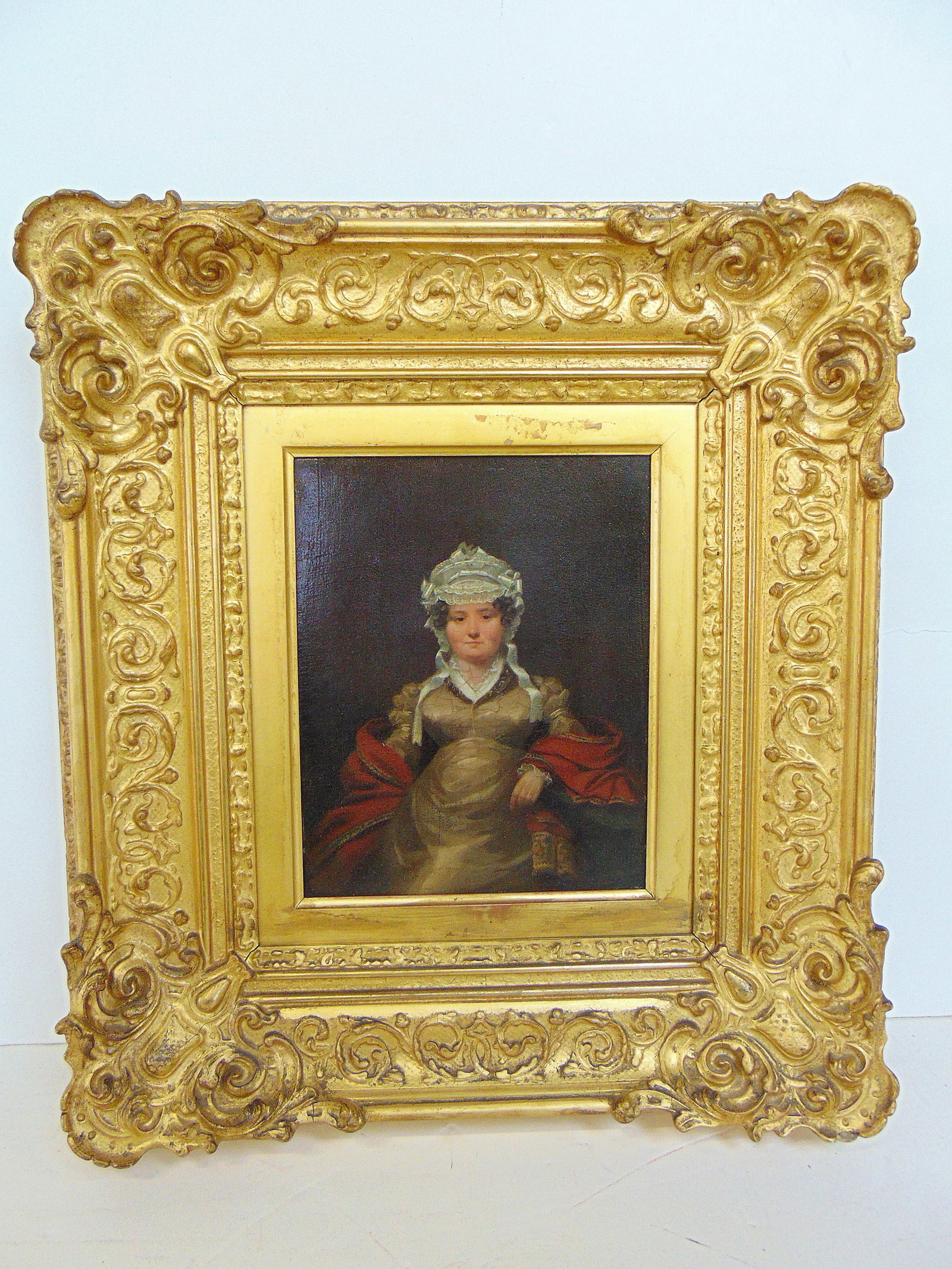 Painting, portrait of a lady with lace cap, unsigned, oil on linen, if gilt frame, 16.25" by 14 5/8" (1 of 5)