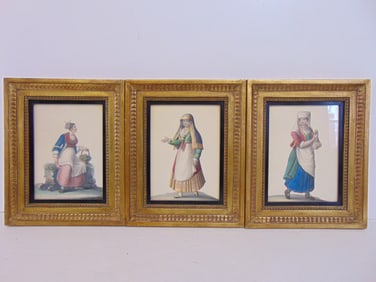 3 small paintings by A. Di Vito, ladies in provincial costumes, 17th Century, gilt framed, 10 5/8"