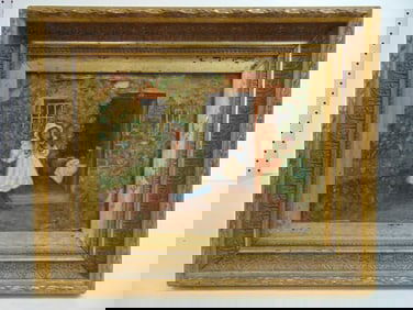 Painting, gilt holding cat in front of house, unsigned, oil on canvas, has loss, flaking in margins,