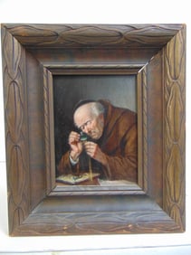 Painting, "Amateno", signed Charles Baptiste Schreiber, oil on panel, Monk examining a gold