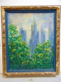 Painting, Skyline through trees, signed Montlack (Edith ?), oil on canvas, gilt frame, 12.75" by