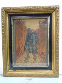 Drawing, "The Trenches of WW1", signed Achille Mohrien, 1916, watercolor & ink showing soldier in