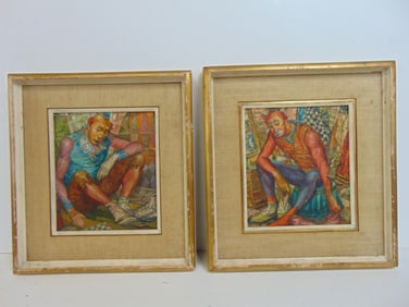 Pair paintings, clown scenes, signed Herbert Russin, oil on Masonite, "New Shoes" & ""Checkers", 14