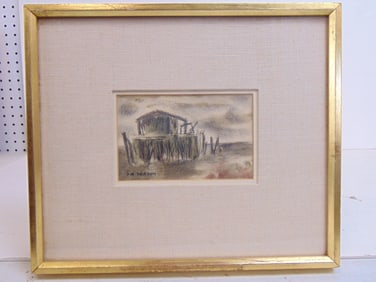 Graphite drawing, shack in bayou, lake, signed Sol Wilson, 3.25" by 5.25", framed size is 10.5" by