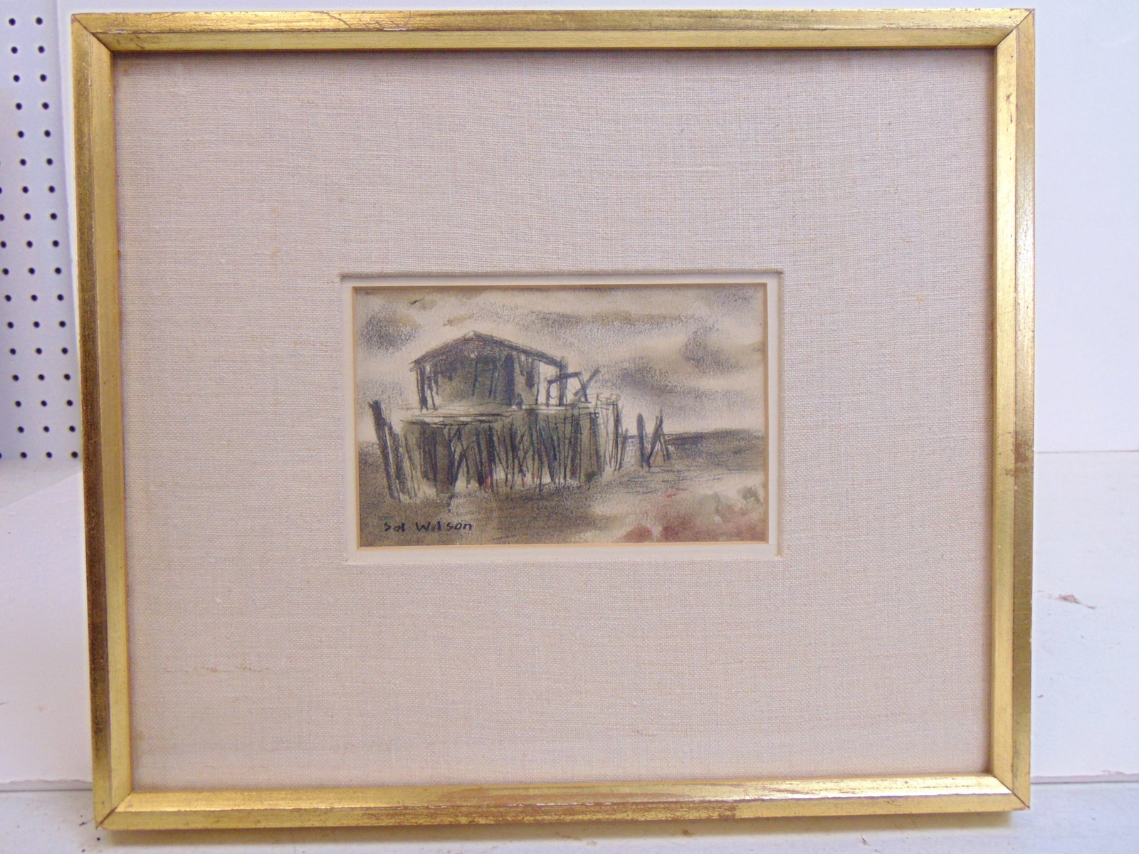 Graphite drawing, shack in bayou, lake, signed Sol Wilson, 3.25" by 5.25", framed size is 10.5" by: Graphite drawing, shack in bayou, lake, signed Sol Wilson, 3.25" by 5.25", framed size is 10.5" by 12.25"
