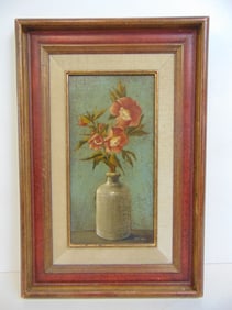 Painting, "Red Christmas Roses", signed Bradi Barth, oil on Masonite, 17 5/8" by 12"