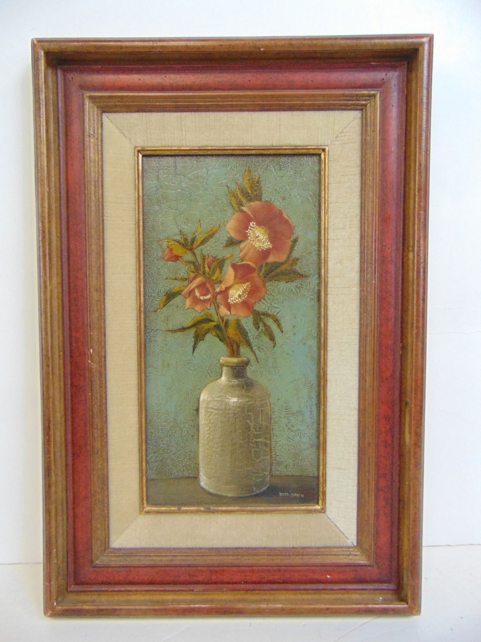 Painting, "Red Christmas Roses", signed Bradi Barth, oil on Masonite, 17 5/8" by 12" (1 of 5)