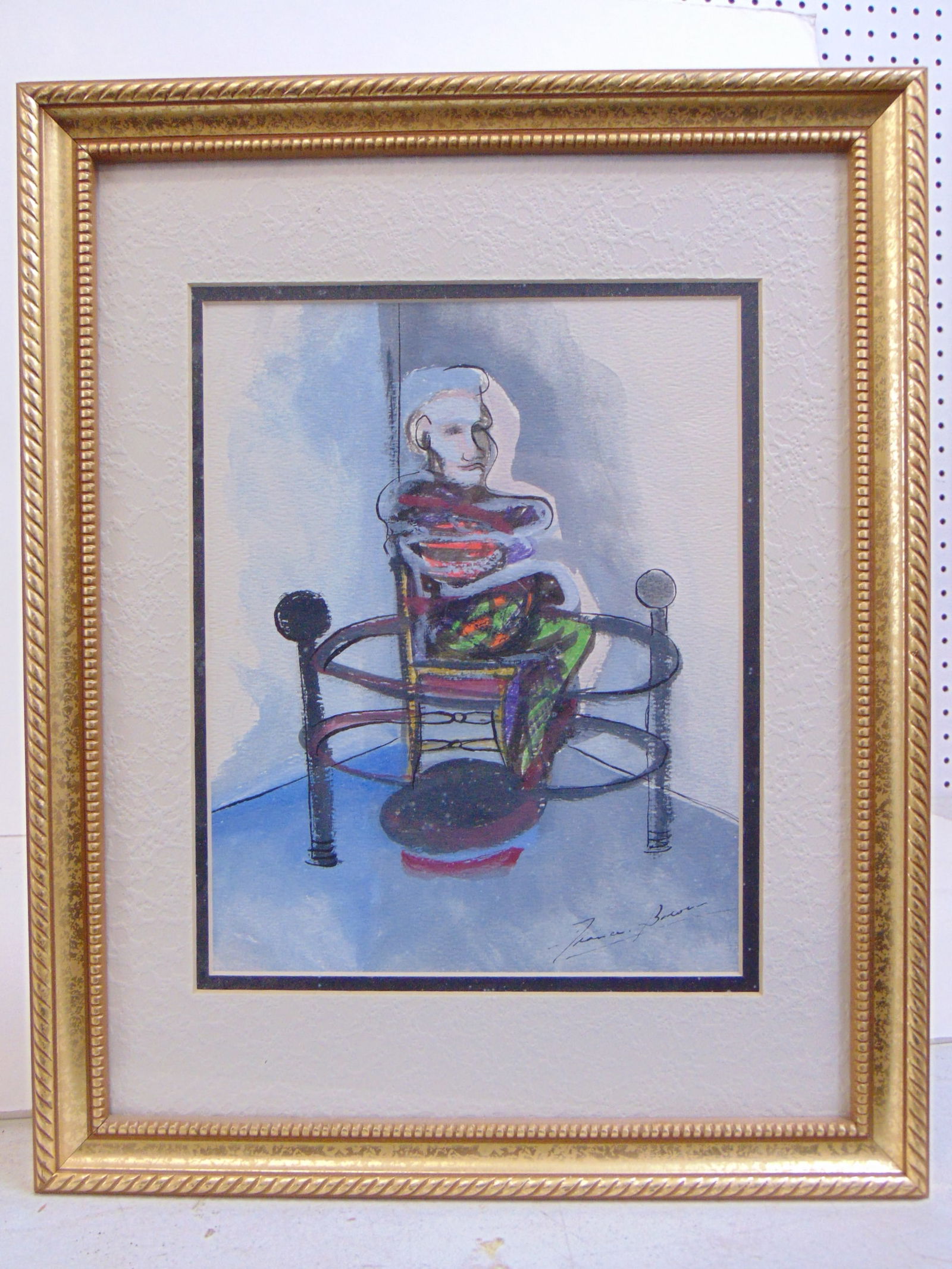 Painting, surreal scene with seated figure, signed Francis Bacon, sheet is 11 5/8" by 9". framed (1 of 5)
