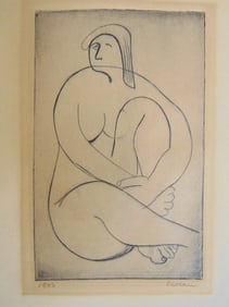 Etching, nude figure, manner of Matisse, dated 1946, "Oeveau" written on plate, presumably the