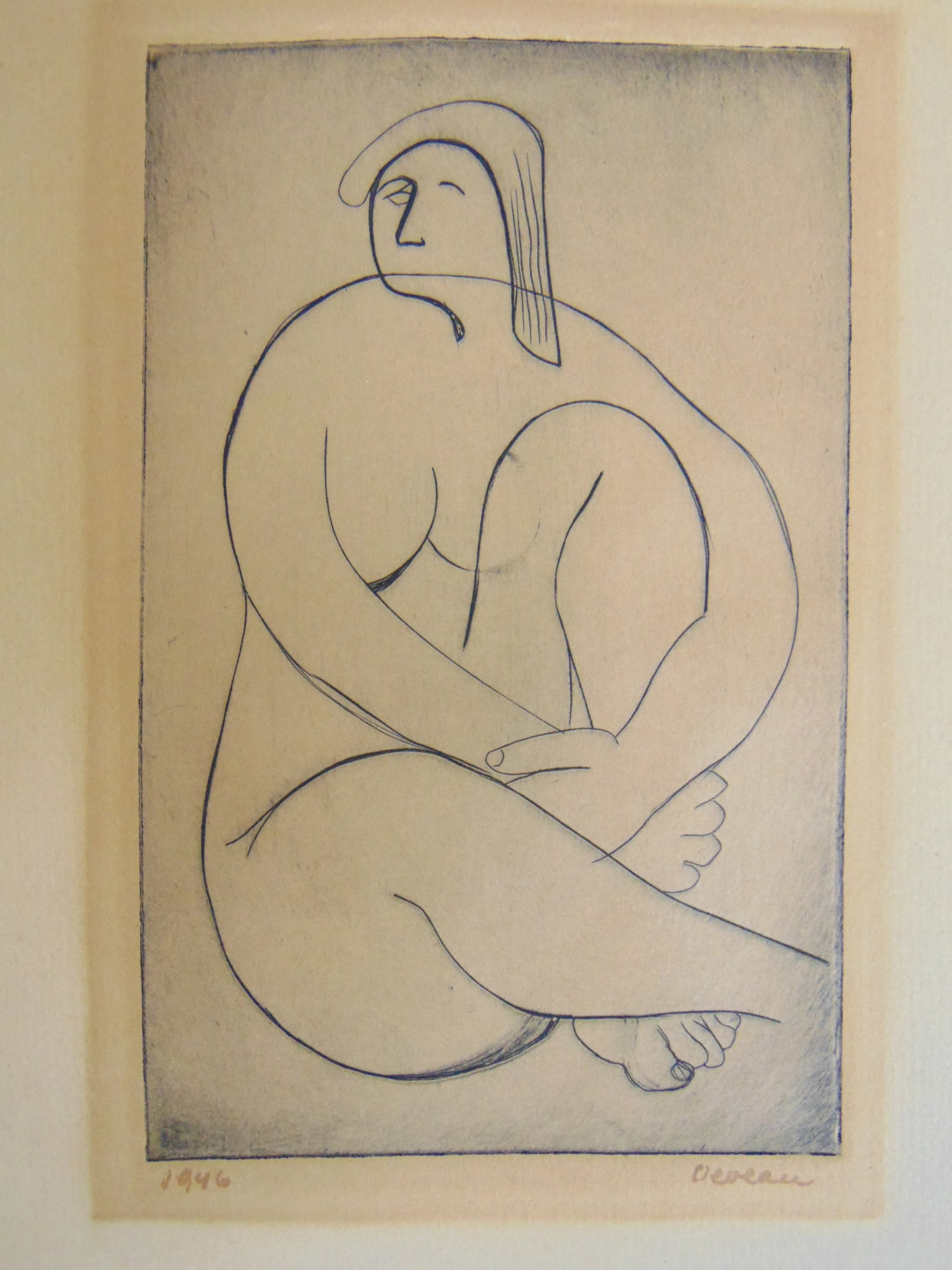 Etching, nude figure, manner of Matisse, dated 1946, "Oeveau" written on plate, presumably the: Etching, nude figure, manner of Matisse, dated 1946, "Oeveau" written on plate, presumably the title, impression is 5 3/8" by 3 3/8", frames size is 15.5" by 11.25"