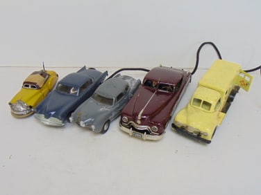 Lot 5 toy cars, some condition issues, see images, largest car is 10" long