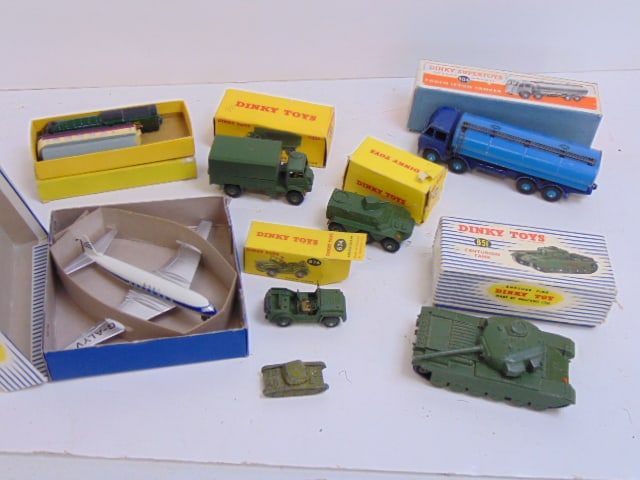 Lot Dinky Toys in original boxes, includes 3 ton Army Wagon, small trains (in Petrol Pumps box), (1 of 10)
