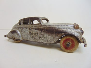Cast iron toy car, "Silver Arrow", 7" long, 2" wide, 2.25" tall